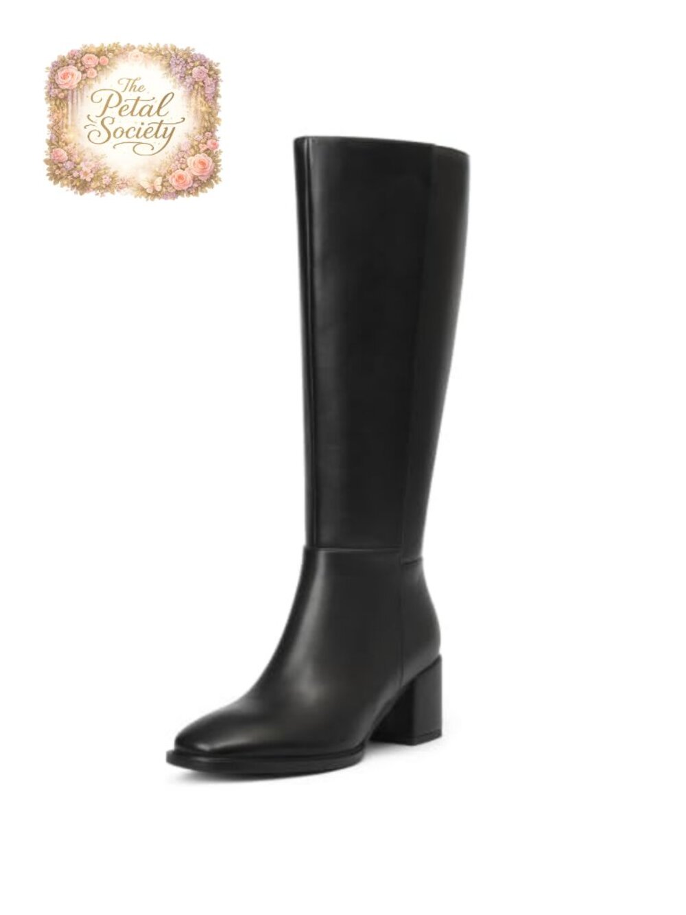 Knee High Boots Women Faux Leather Low Block Heel Round Toe Side Zipper